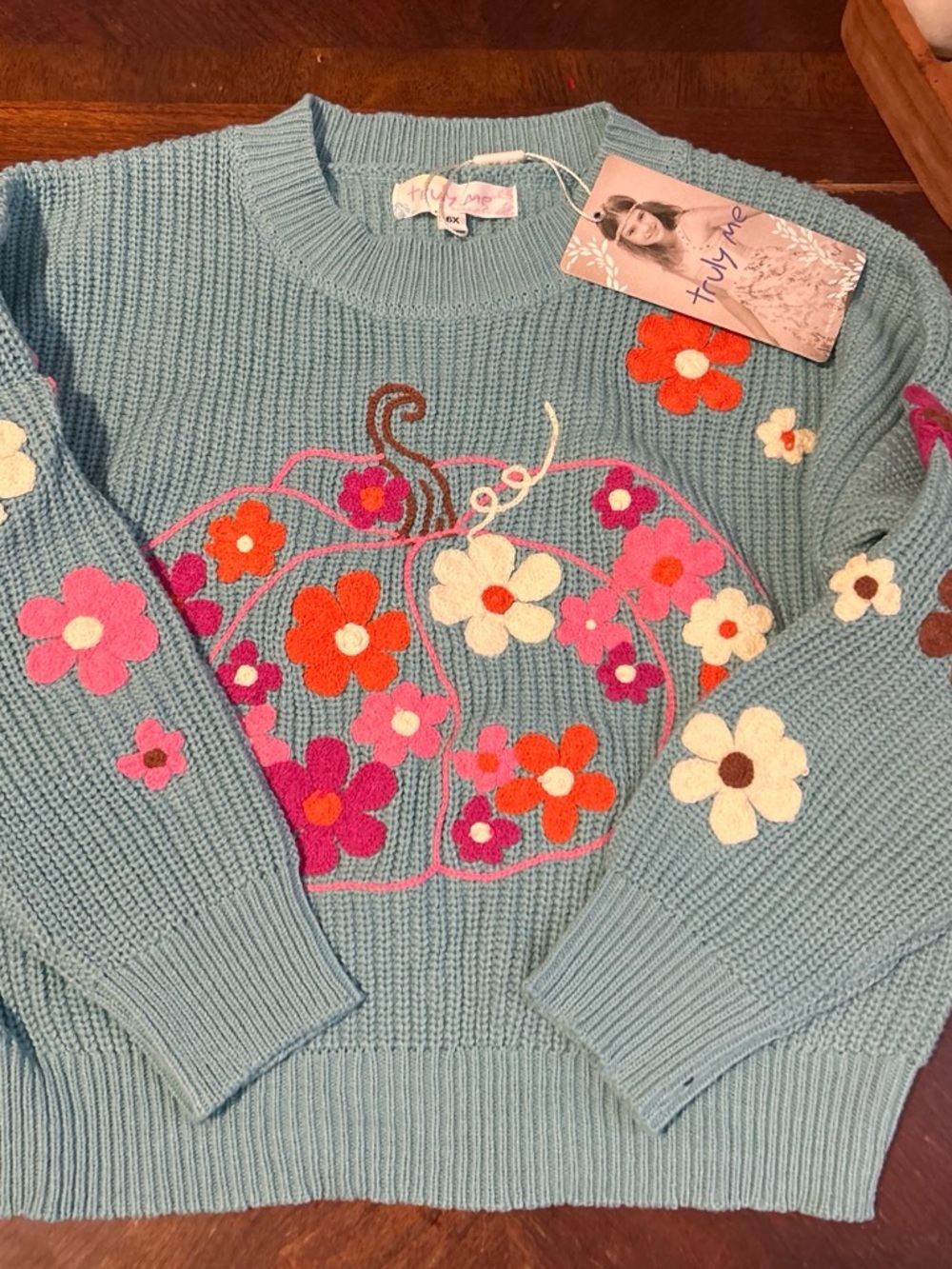 Truly Me Light Blue Floral Pumpkin Crewneck Sweater